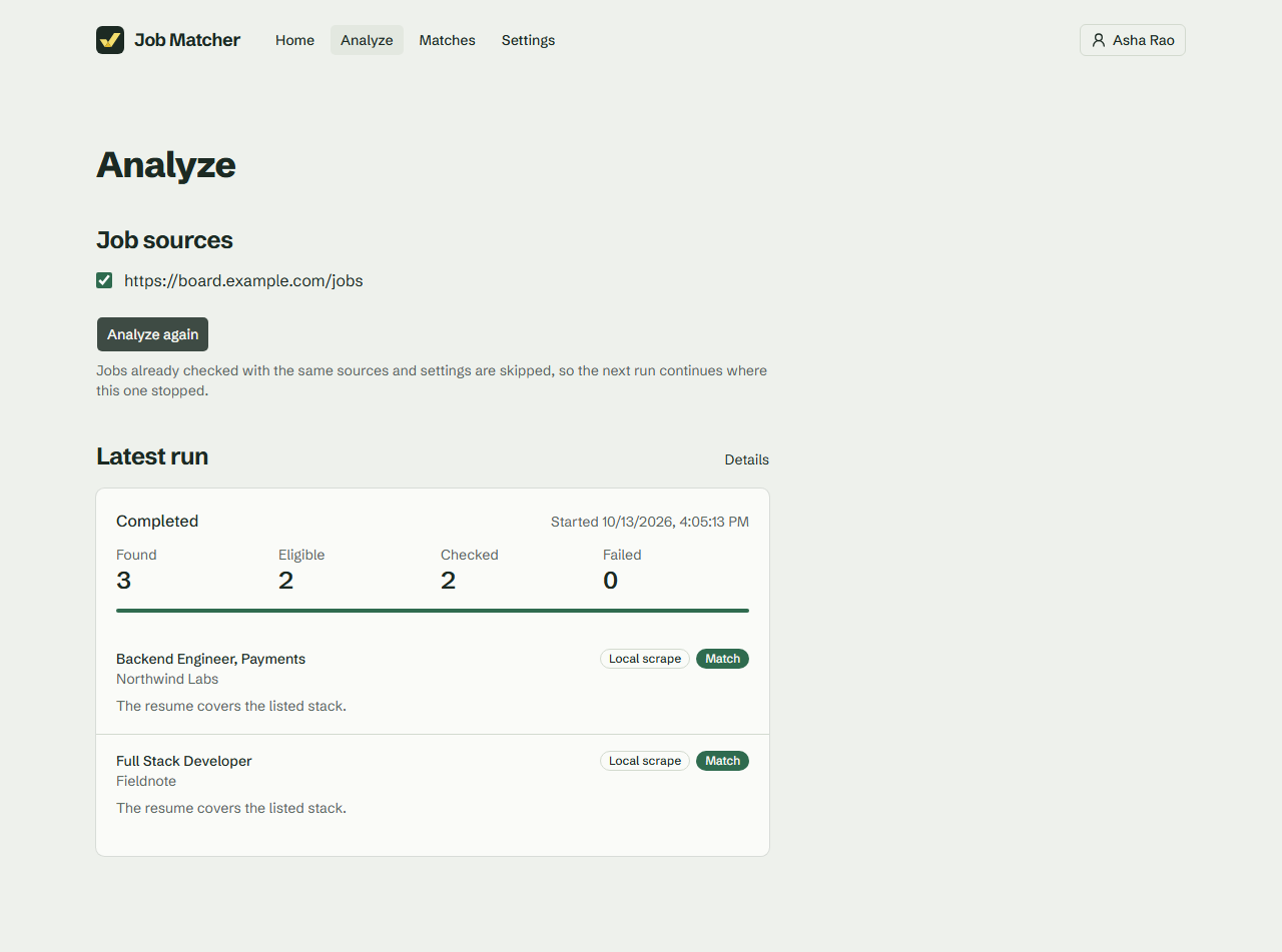 The Analyze page: a completed run that found 3 jobs, checked 2, and marked both as matches with a reason.
