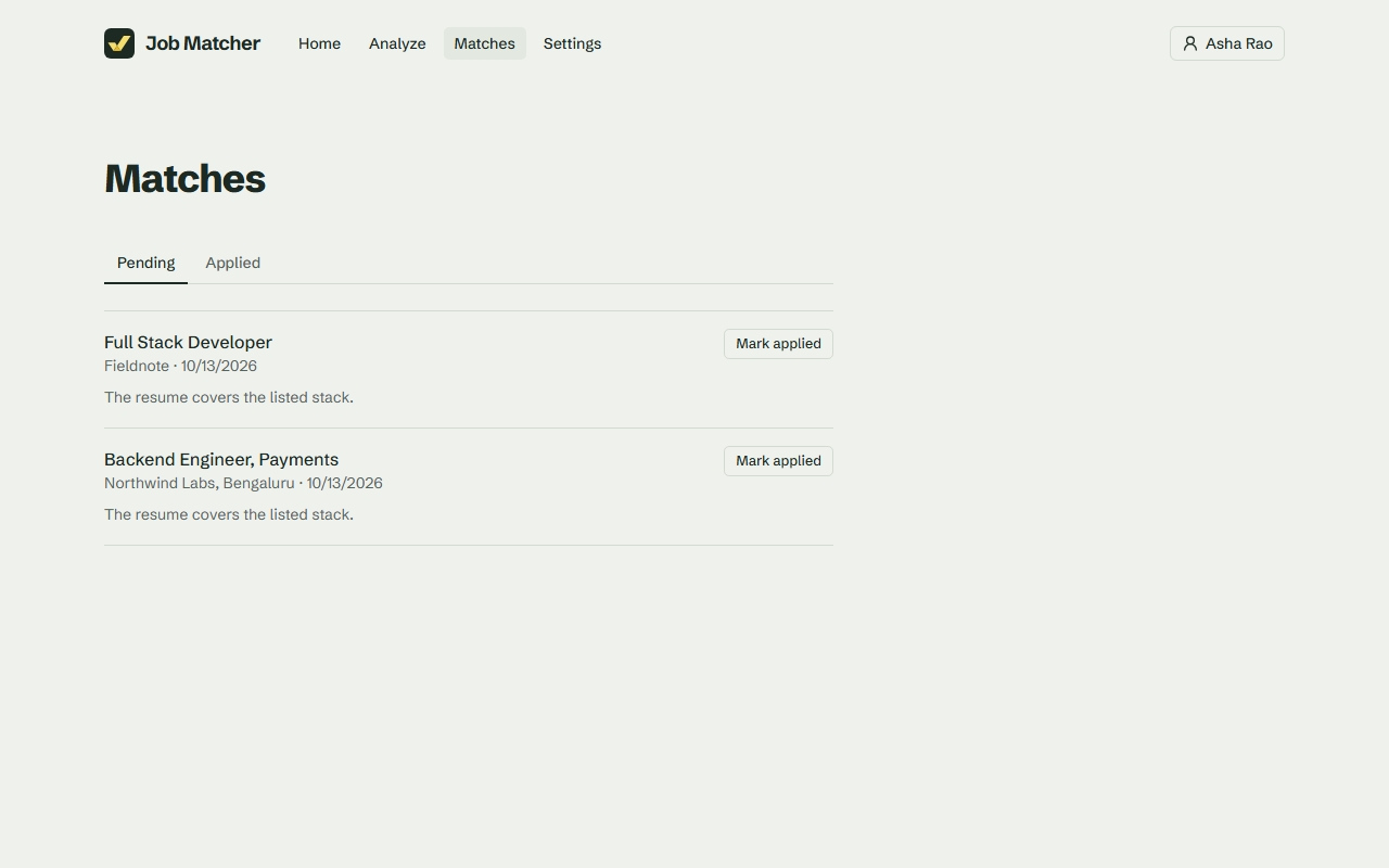 The Matches page: two pending matches, each with a Mark applied button.